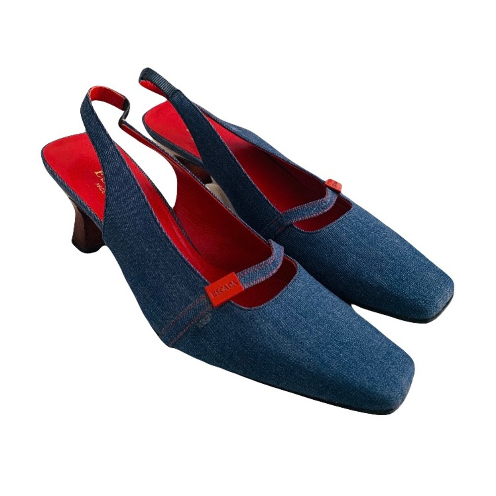 Escada Slingback Kitten Heel Pumps Square Toe Women Sz 9 Blue Old Money Italy